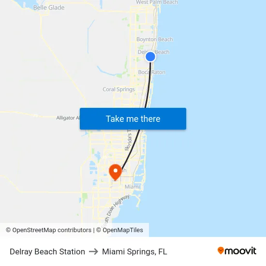 Delray Beach Station to Miami Springs, FL map