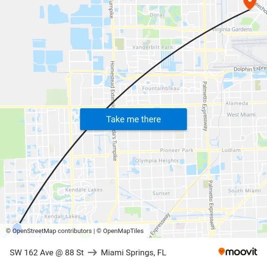Sw 162 Ave @ 88 St to Miami Springs, FL map