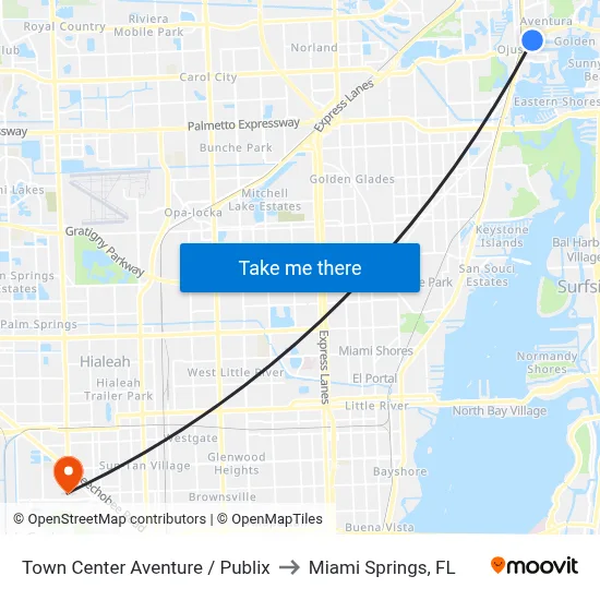 Town Center Aventure / Publix to Miami Springs, FL map