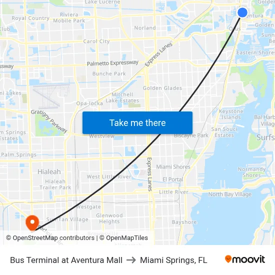 Bus Terminal at Aventura Mall to Miami Springs, FL map