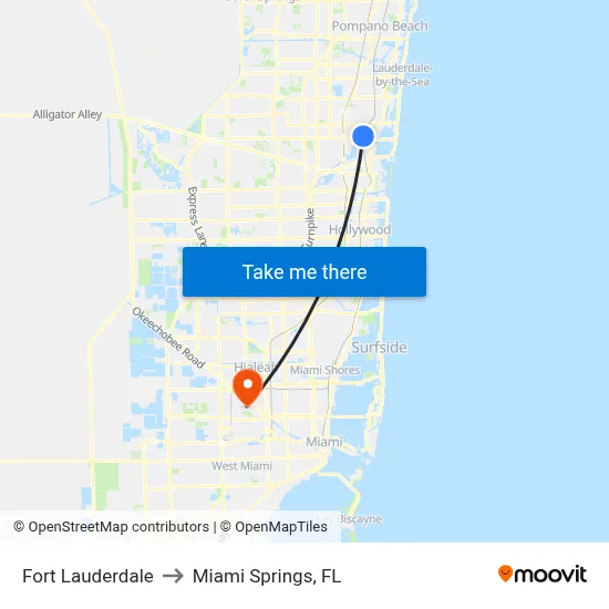 Fort Lauderdale to Miami Springs, FL map