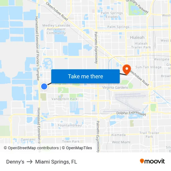 Denny's to Miami Springs, FL map