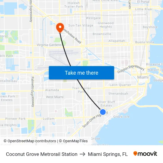 Coconut Grove Metrorail Station to Miami Springs, FL map