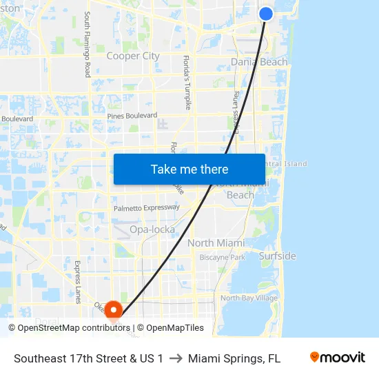 Southeast 17th Street & US 1 to Miami Springs, FL map