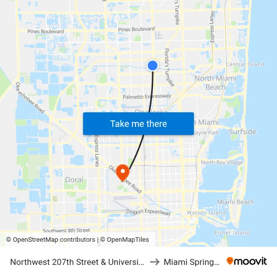 Northwest 207th Street & University Drive to Miami Springs, FL map