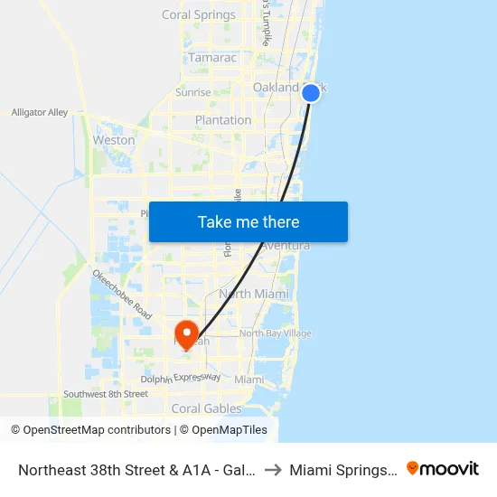 Northeast 38th Street & A1A - Galt Mile to Miami Springs, FL map