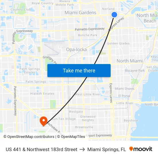 US 441 & Northwest 183rd Street to Miami Springs, FL map