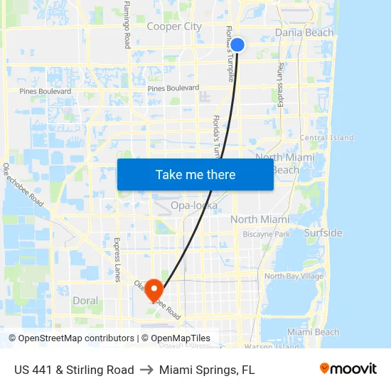 US 441 & Stirling Road to Miami Springs, FL map