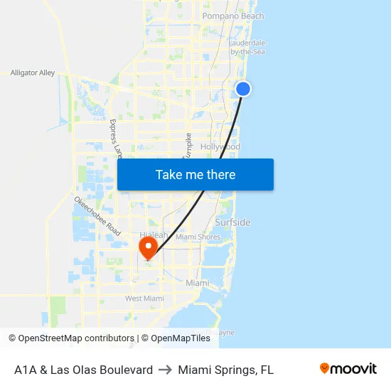 A1A & Las Olas Boulevard to Miami Springs, FL map