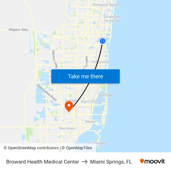 Broward Health Medical Center to Miami Springs, FL map