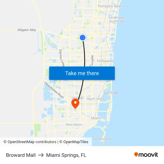 Broward Mall to Miami Springs, FL map