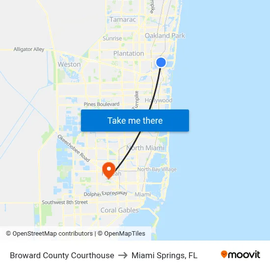Broward County Courthouse to Miami Springs, FL map