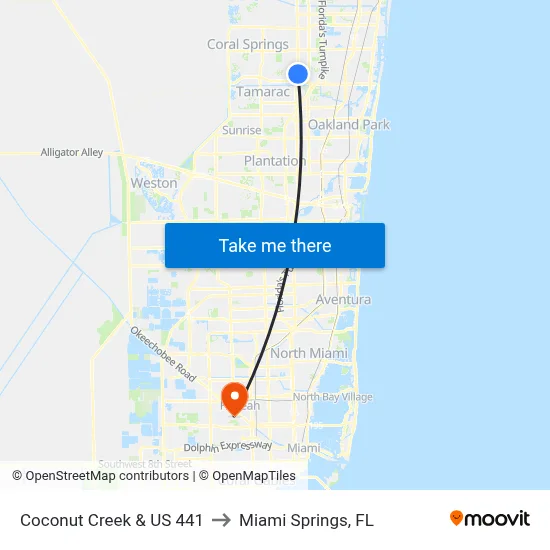 Coconut Creek & US 441 to Miami Springs, FL map
