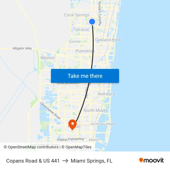 Copans Road & US 441 to Miami Springs, FL map