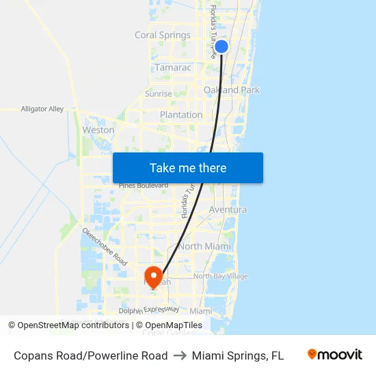 Copans Road/Powerline Road to Miami Springs, FL map