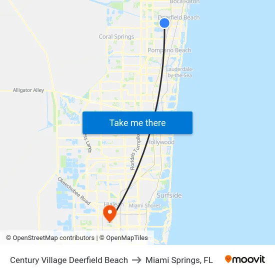 Century Village Deerfield Beach to Miami Springs, FL map