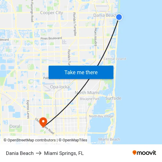 Dania Beach to Miami Springs, FL map
