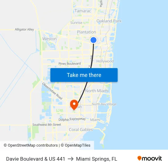 Davie Boulevard & US 441 to Miami Springs, FL map
