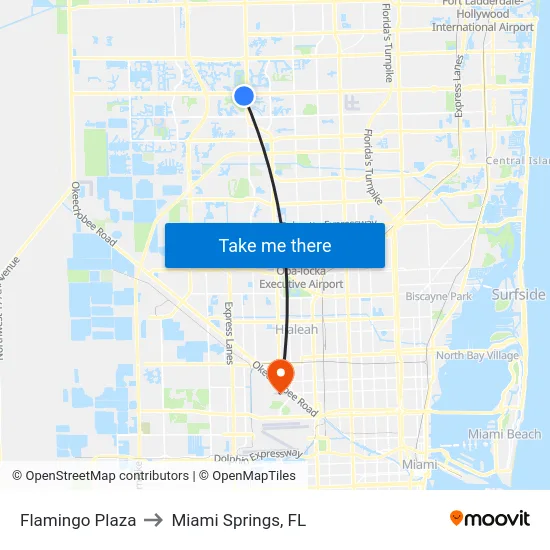 Flamingo Plaza to Miami Springs, FL map
