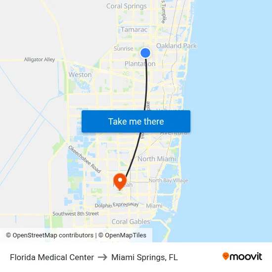 Florida Medical Center to Miami Springs, FL map