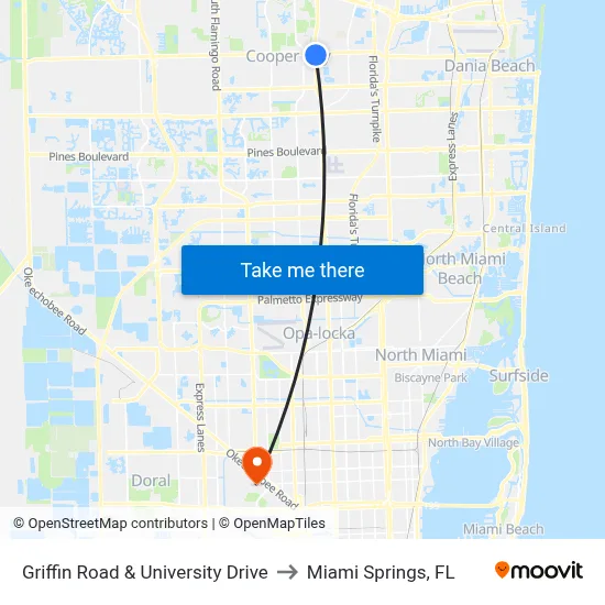 Griffin Road & University Drive to Miami Springs, FL map