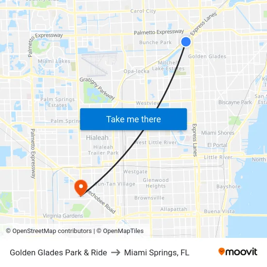 Golden Glades Park & Ride to Miami Springs, FL map