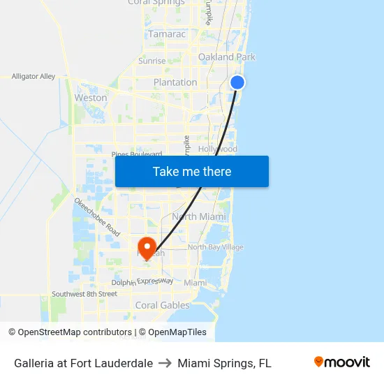 Galleria at Fort Lauderdale to Miami Springs, FL map