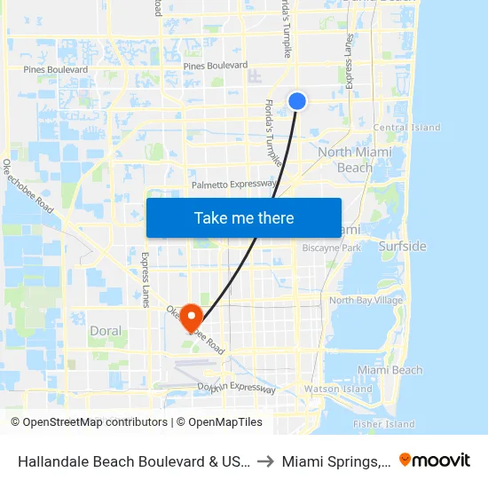 Hallandale Beach Boulevard & US 441 to Miami Springs, FL map