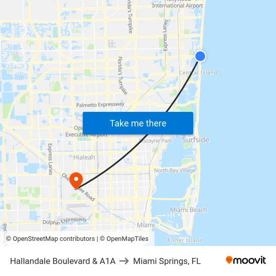 Hallandale Boulevard & A1A to Miami Springs, FL map