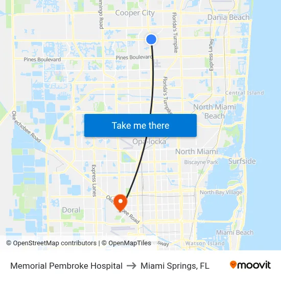 Memorial Pembroke Hospital to Miami Springs, FL map