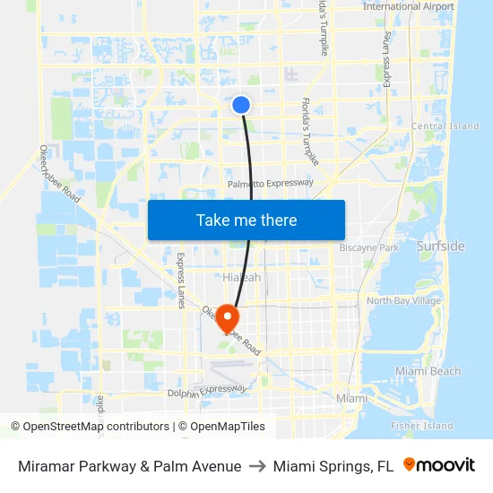 Miramar Parkway & Palm Avenue to Miami Springs, FL map
