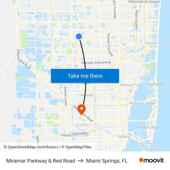 Miramar Parkway & Red Road to Miami Springs, FL map