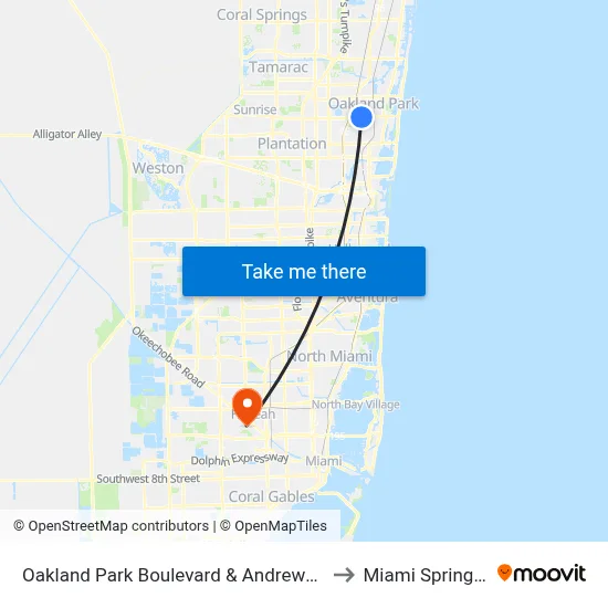 Oakland Park Boulevard & Andrews Avenue to Miami Springs, FL map