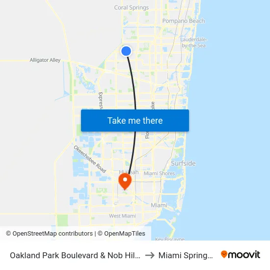 Oakland Park Boulevard & Nob Hill Road to Miami Springs, FL map