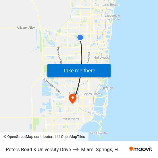 Peters Road & University Drive to Miami Springs, FL map