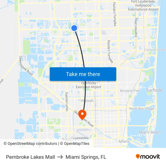 Pembroke Lakes Mall to Miami Springs, FL map