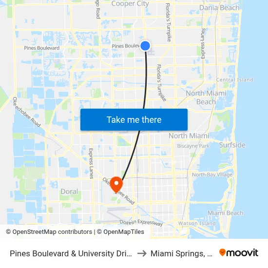 Pines Boulevard & University Drive to Miami Springs, FL map