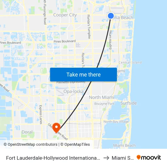 Fort Lauderdale-Hollywood International Airport Griffin Road/Tri-Rail Station to Miami Springs, FL map