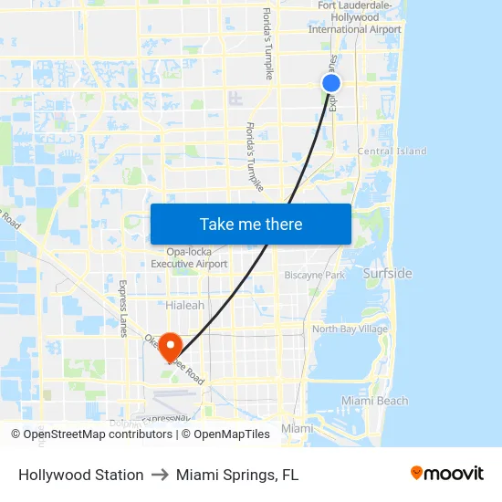 Hollywood Station to Miami Springs, FL map