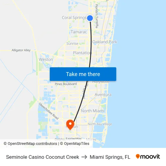 Seminole Casino Coconut Creek to Miami Springs, FL map
