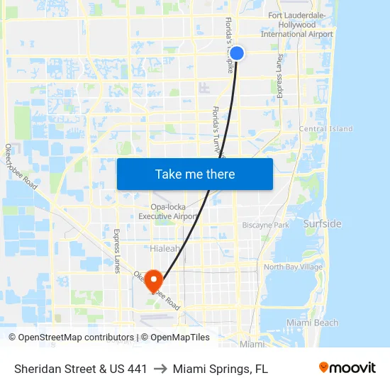 Sheridan Street & US 441 to Miami Springs, FL map