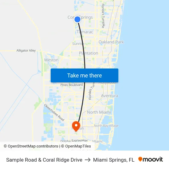 Sample Road & Coral Ridge Drive to Miami Springs, FL map