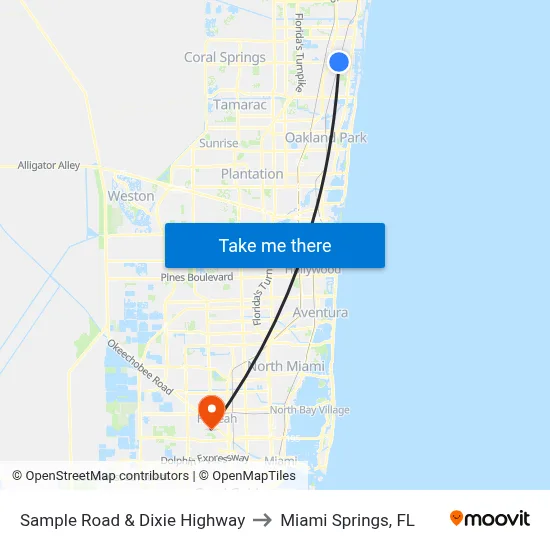 Sample Road & Dixie Highway to Miami Springs, FL map