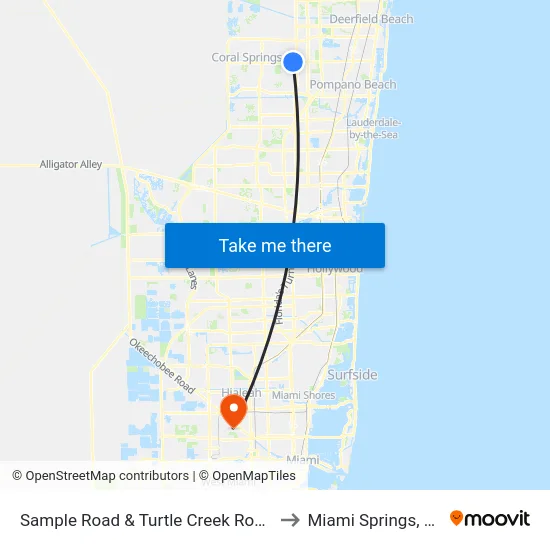 Sample Road & Turtle Creek Road to Miami Springs, FL map