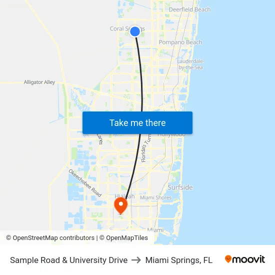 Sample Road & University Drive to Miami Springs, FL map