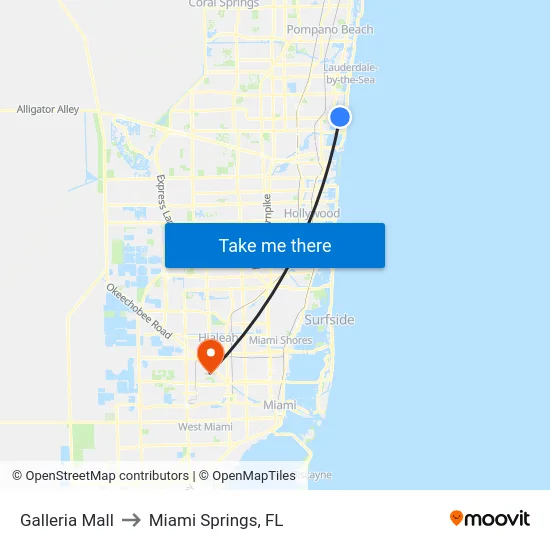 Galleria Mall to Miami Springs, FL map