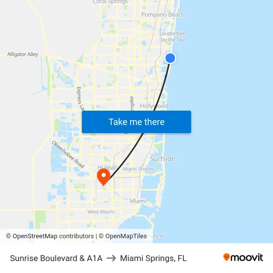 Sunrise Boulevard & A1A to Miami Springs, FL map