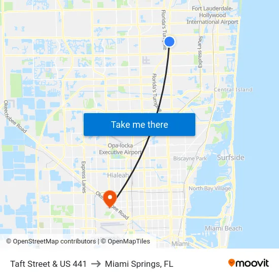 Taft Street & US 441 to Miami Springs, FL map