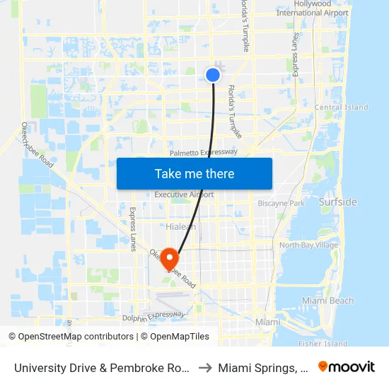 University Drive & Pembroke Road to Miami Springs, FL map