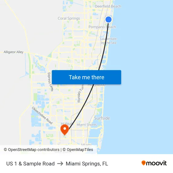 US 1 & Sample Road to Miami Springs, FL map